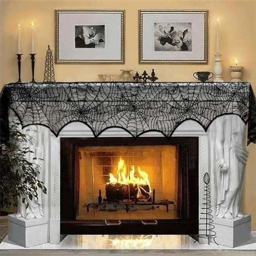 Black Lace Spiderweb Mantle Scarf - Halloween Fireplace‎ Cover, 45 x 243cm